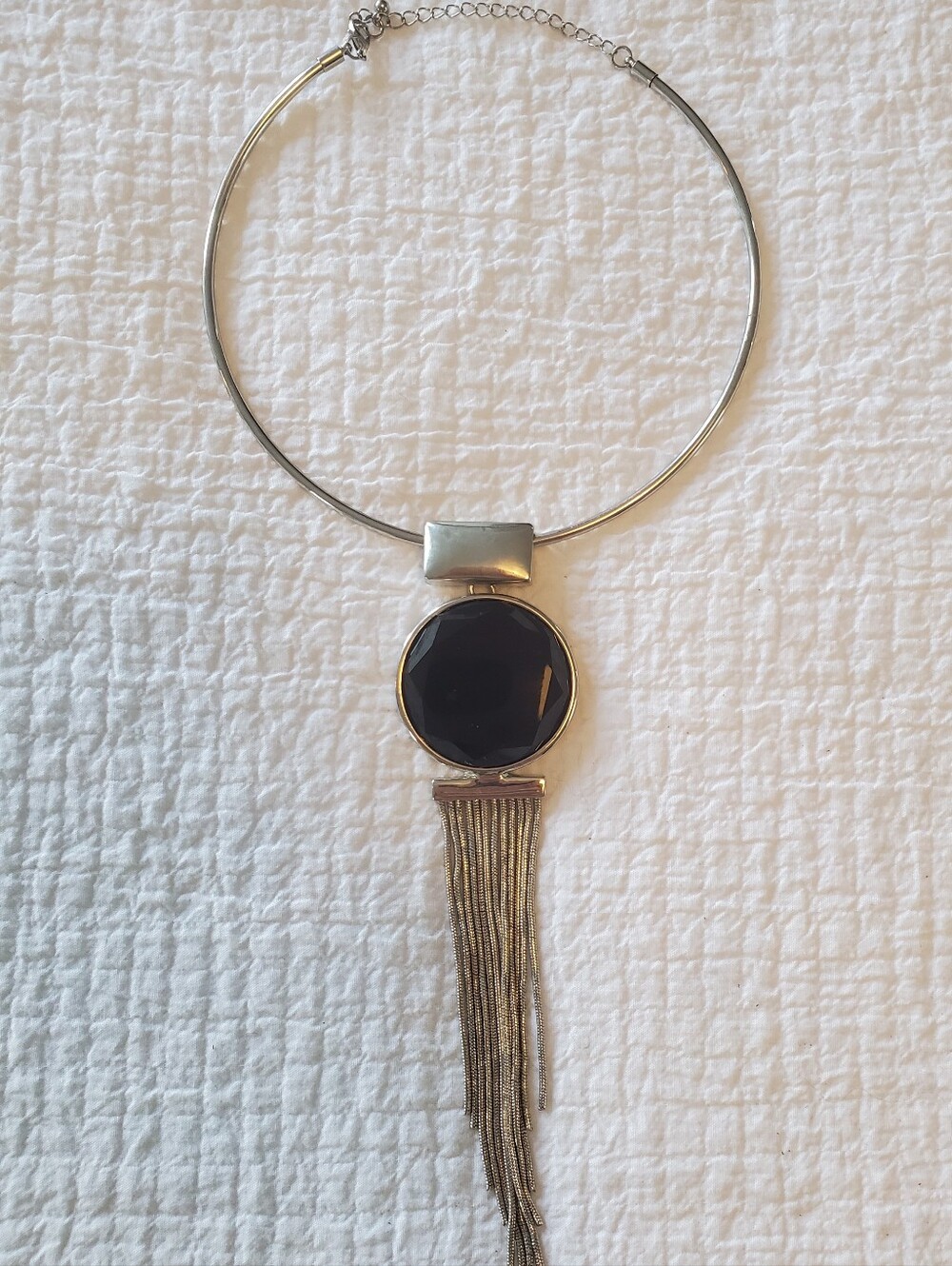 Vintage Silve-toned Choker Necklace with Black Cabochon & Tassel